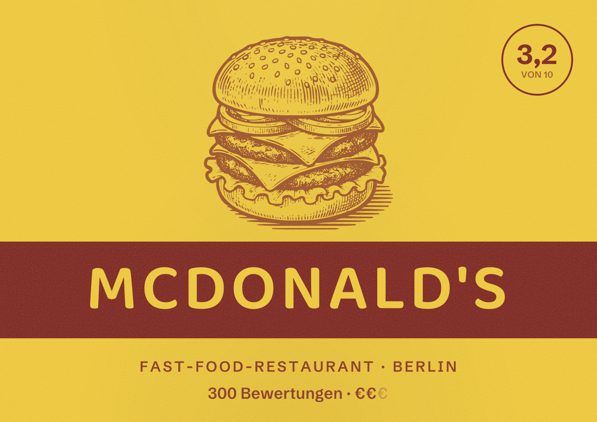 Illustriertes Poster von McDonald's, Fast-Food-Restaurant in Berlin: Bewertung 3,2 von 10 aus 300 Bewertungen, Preisniveau €€