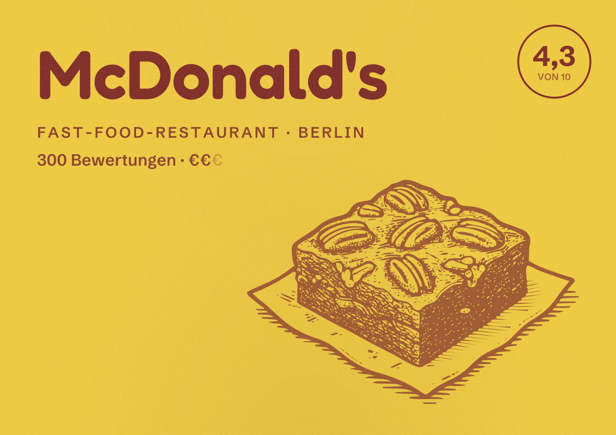 Illustriertes Poster von McDonald's, Fast-Food-Restaurant in Berlin: Bewertung 4,3 von 10 aus 300 Bewertungen, Preisniveau €€