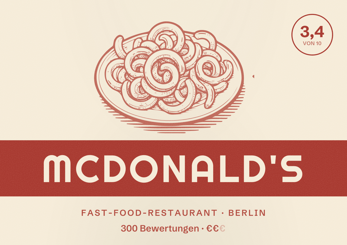 Illustriertes Poster von McDonald's, Fast-Food-Restaurant in Berlin: Bewertung 3,4 von 10 aus 300 Bewertungen, Preisniveau €€