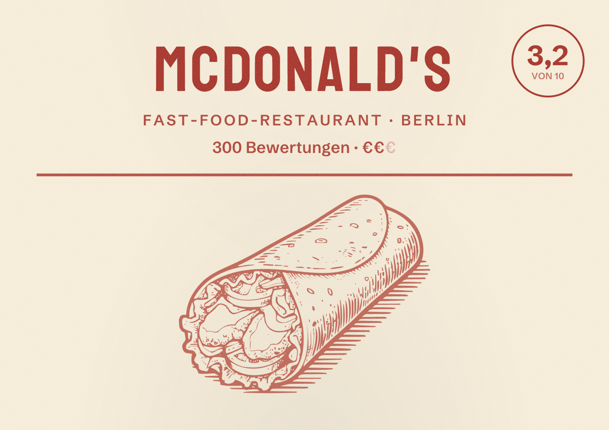 Illustriertes Poster von McDonald's, Fast-Food-Restaurant in Berlin: Bewertung 3,2 von 10 aus 300 Bewertungen, Preisniveau €€