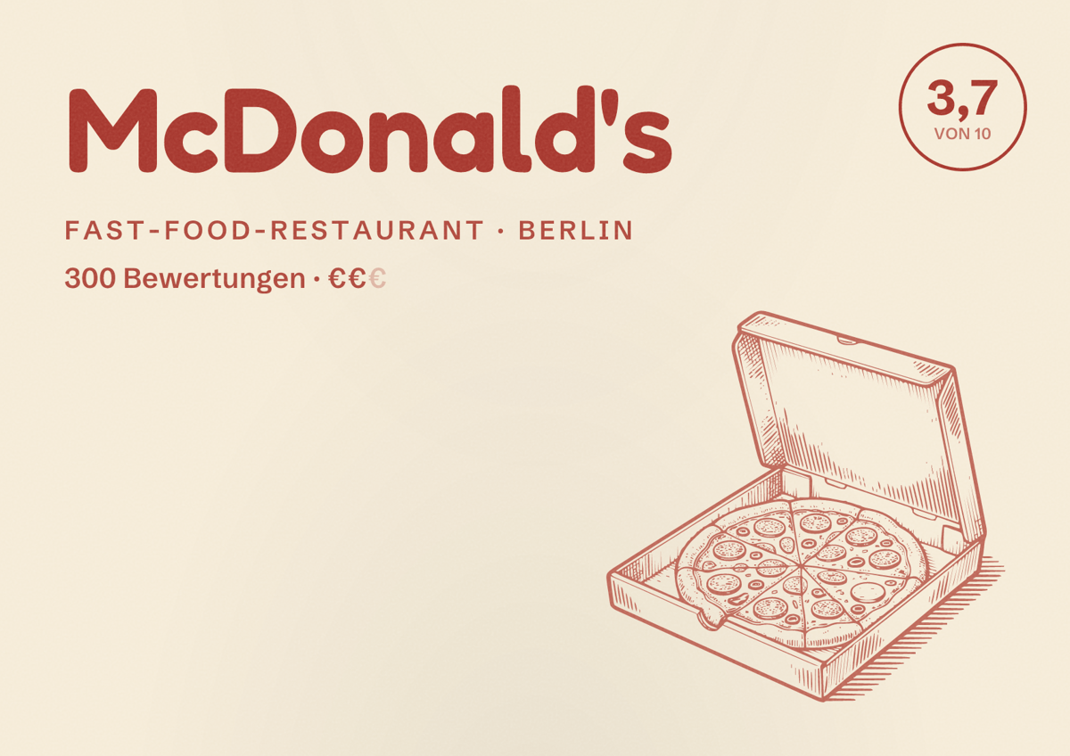 Illustriertes Poster von McDonald's, Fast-Food-Restaurant in Berlin: Bewertung 3,7 von 10 aus 300 Bewertungen, Preisniveau €€