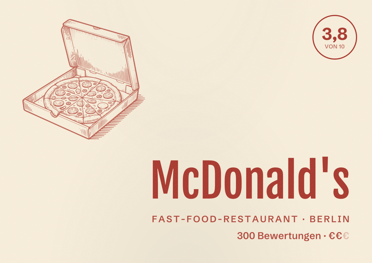 Illustriertes Poster von McDonald's, Fast-Food-Restaurant in Berlin: Bewertung 3,8 von 10 aus 300 Bewertungen, Preisniveau €€