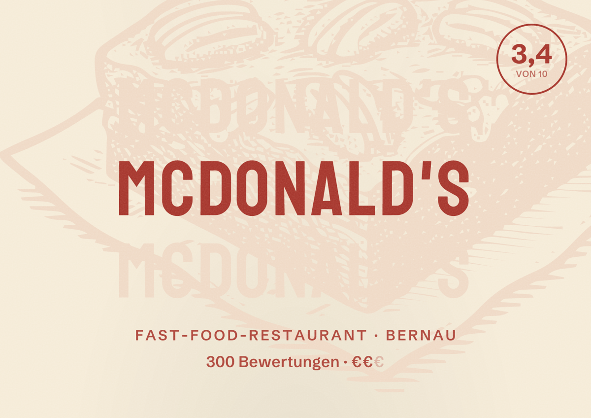 Illustriertes Poster von McDonald's, Fast-Food-Restaurant in Bernau: Bewertung 3,4 von 10 aus 300 Bewertungen, Preisniveau €€