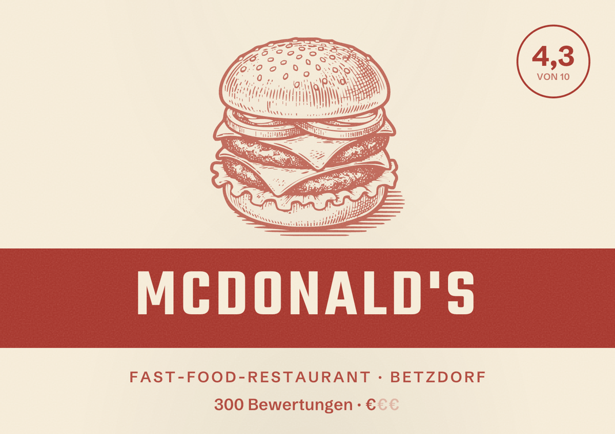 Illustriertes Poster von McDonald's, Fast-Food-Restaurant in Betzdorf: Bewertung 4,3 von 10 aus 300 Bewertungen, Preisniveau €
