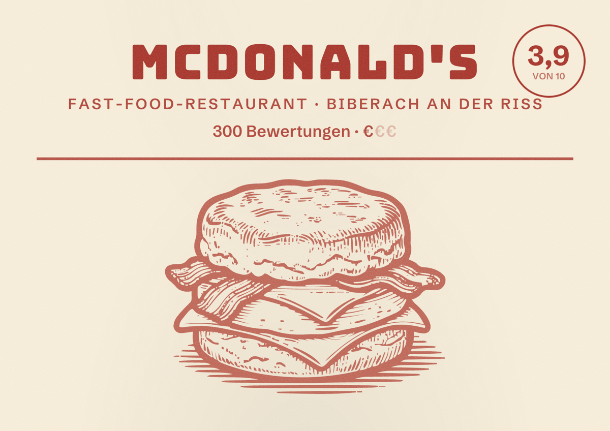 Illustriertes Poster von McDonald's, Fast-Food-Restaurant in Biberach an der Riß: Bewertung 3,9 von 10 aus 300 Bewertungen, Preisniveau €