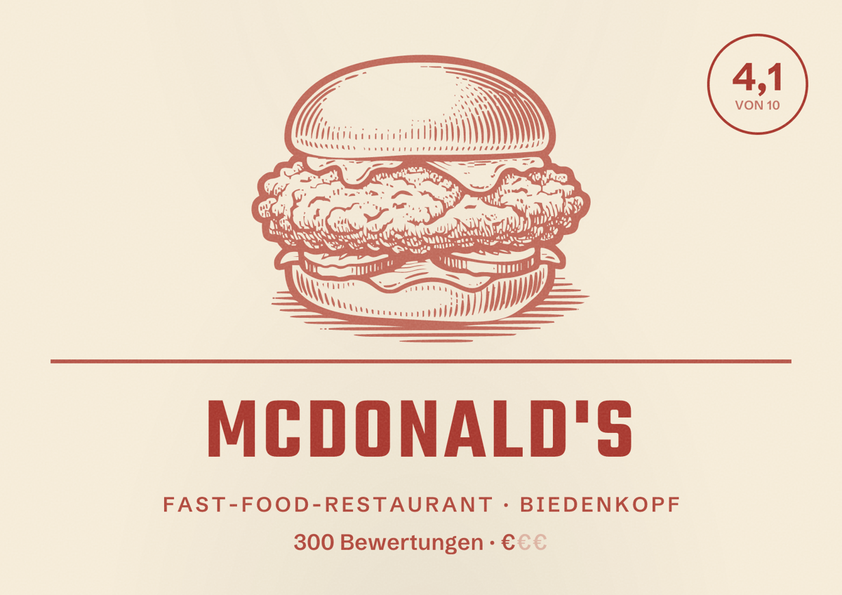 Illustriertes Poster von McDonald's, Fast-Food-Restaurant in Biedenkopf: Bewertung 4,1 von 10 aus 300 Bewertungen, Preisniveau €