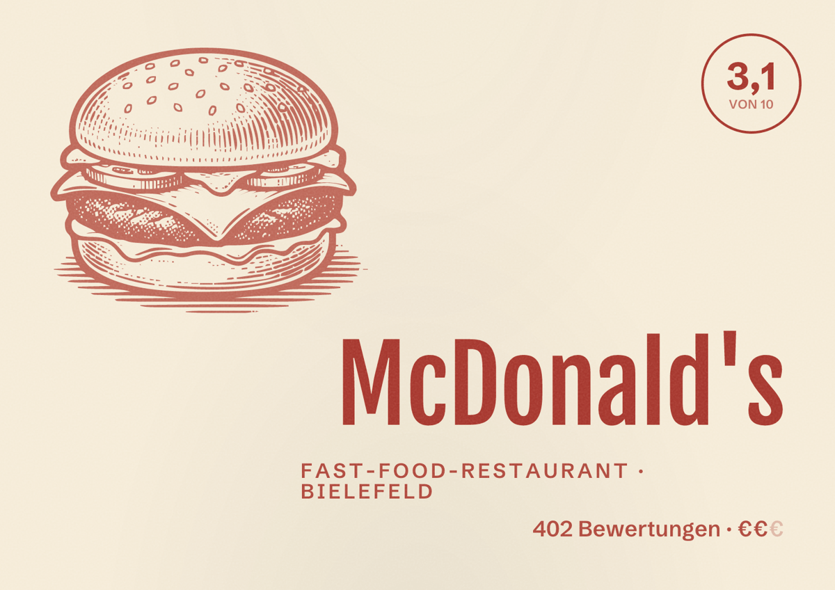 Illustriertes Poster von McDonald's, Fast-Food-Restaurant in Bielefeld: Bewertung 3,1 von 10 aus 402 Bewertungen, Preisniveau €€