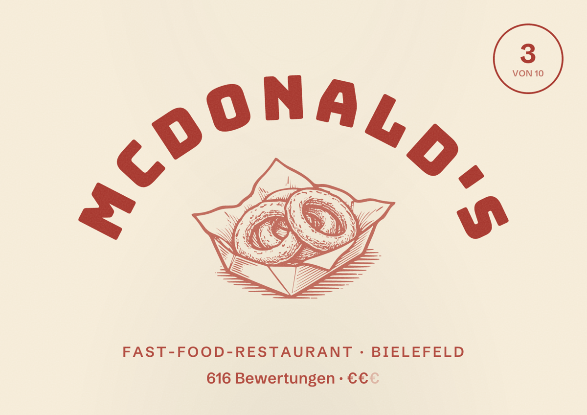 Illustriertes Poster von McDonald's, Fast-Food-Restaurant in Bielefeld: Bewertung 3 von 10 aus 616 Bewertungen, Preisniveau €€