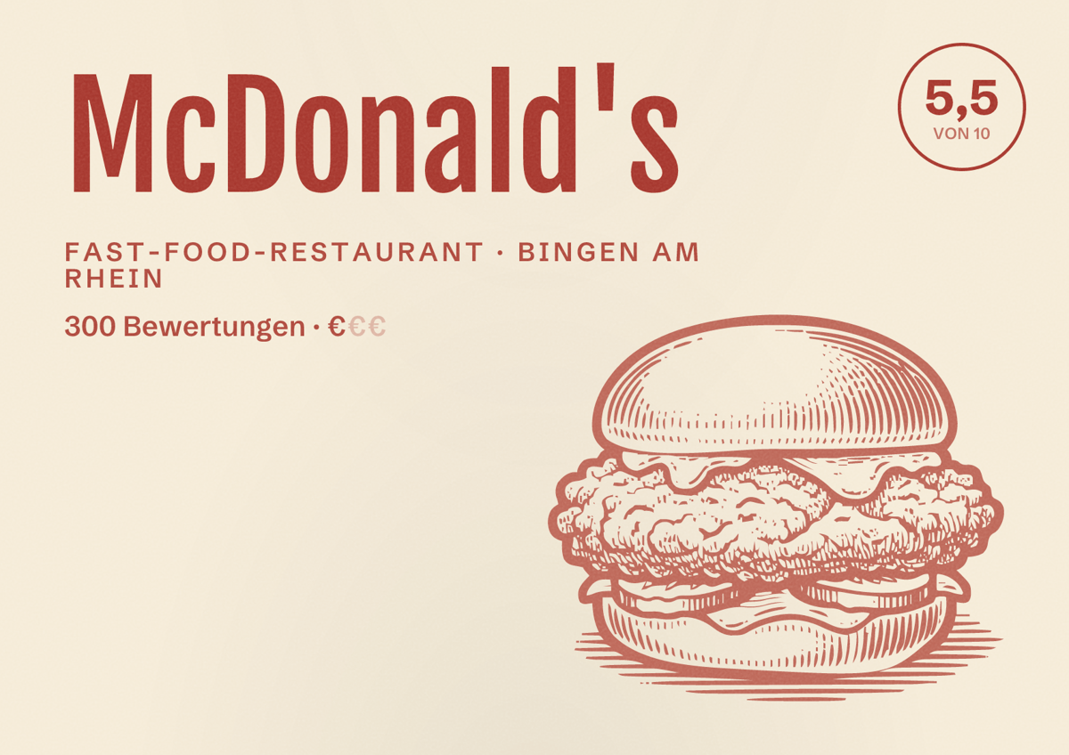 Illustriertes Poster von McDonald's, Fast-Food-Restaurant in Bingen am Rhein: Bewertung 5,5 von 10 aus 300 Bewertungen, Preisniveau €