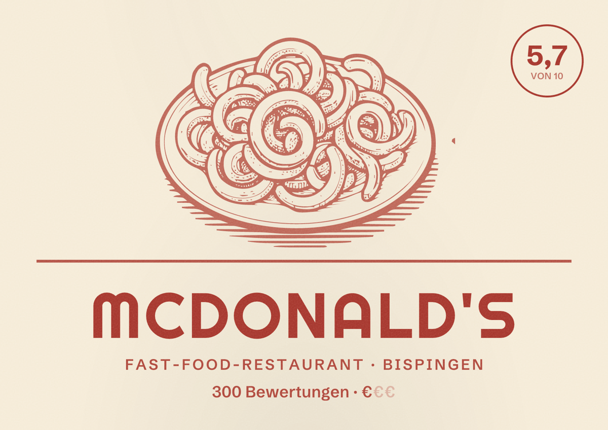 Illustriertes Poster von McDonald's, Fast-Food-Restaurant in Bispingen: Bewertung 5,7 von 10 aus 300 Bewertungen, Preisniveau €