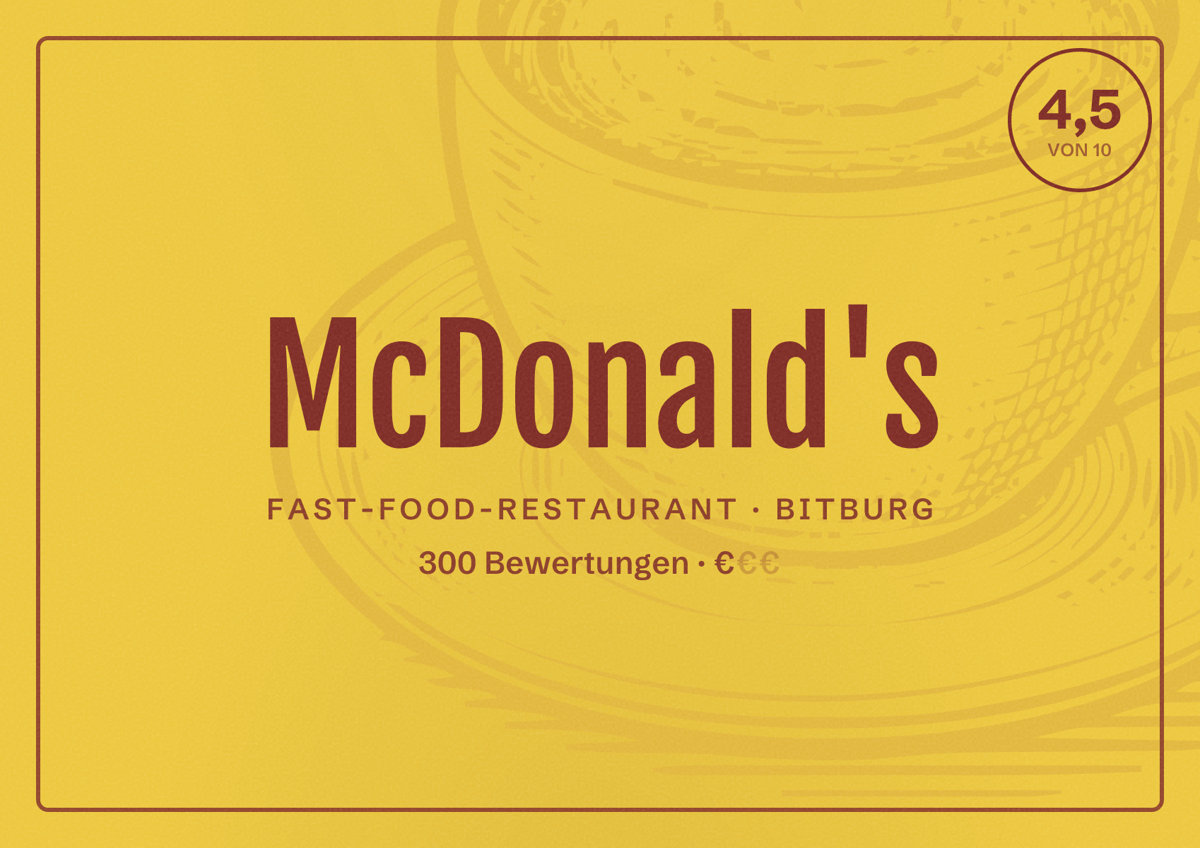 Illustriertes Poster von McDonald's, Fast-Food-Restaurant in Bitburg: Bewertung 4,5 von 10 aus 300 Bewertungen, Preisniveau €