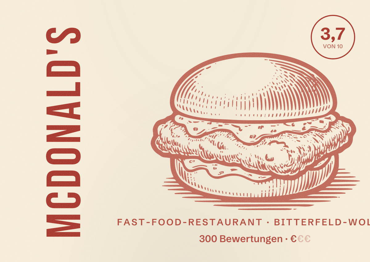 Illustriertes Poster von McDonald's, Fast-Food-Restaurant in Bitterfeld-Wolfen: Bewertung 3,7 von 10 aus 300 Bewertungen, Preisniveau €