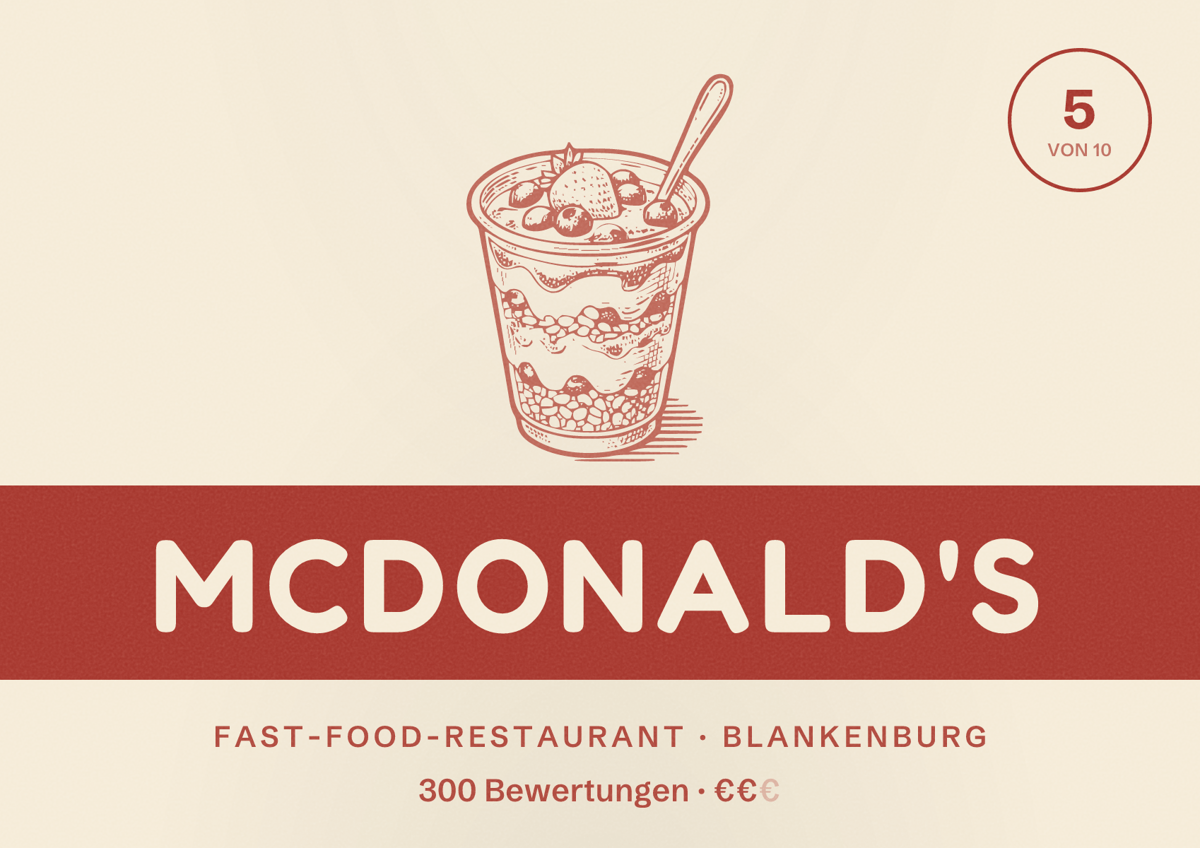 Illustriertes Poster von McDonald's, Fast-Food-Restaurant in Blankenburg: Bewertung 5 von 10 aus 300 Bewertungen, Preisniveau €€