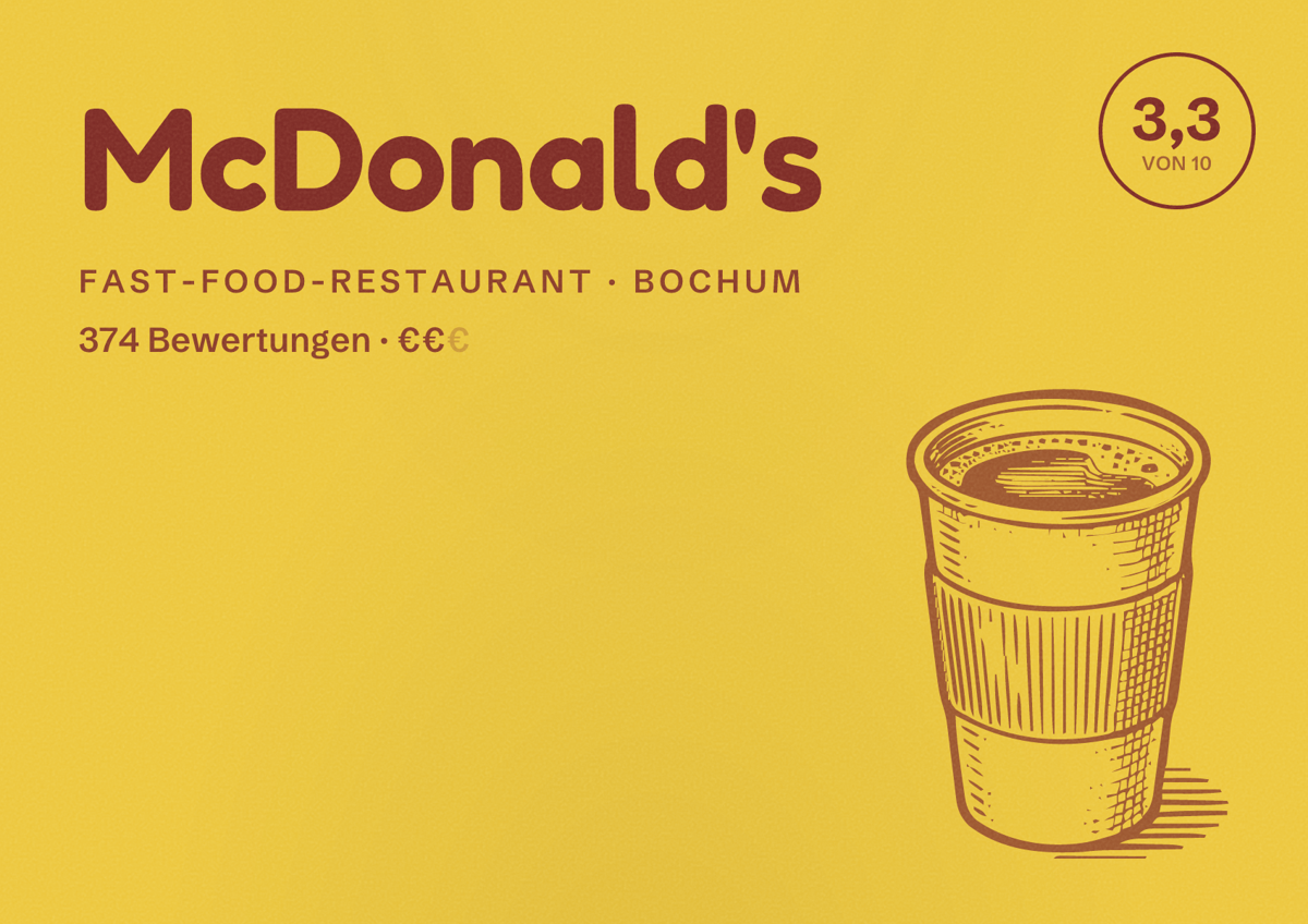 Illustriertes Poster von McDonald's, Fast-Food-Restaurant in Bochum: Bewertung 3,3 von 10 aus 374 Bewertungen, Preisniveau €€