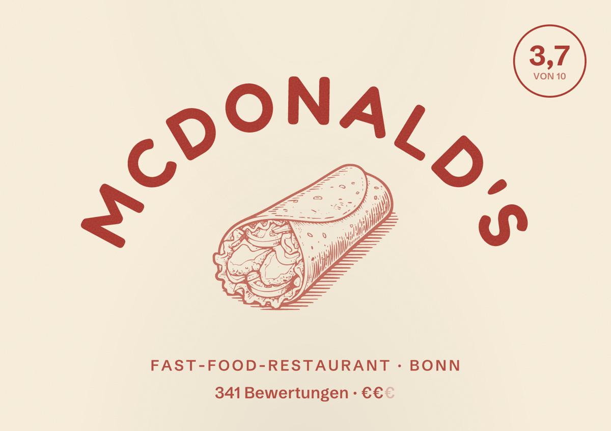 Illustriertes Poster von McDonald's, Fast-Food-Restaurant in Bonn: Bewertung 3,7 von 10 aus 341 Bewertungen, Preisniveau €€
