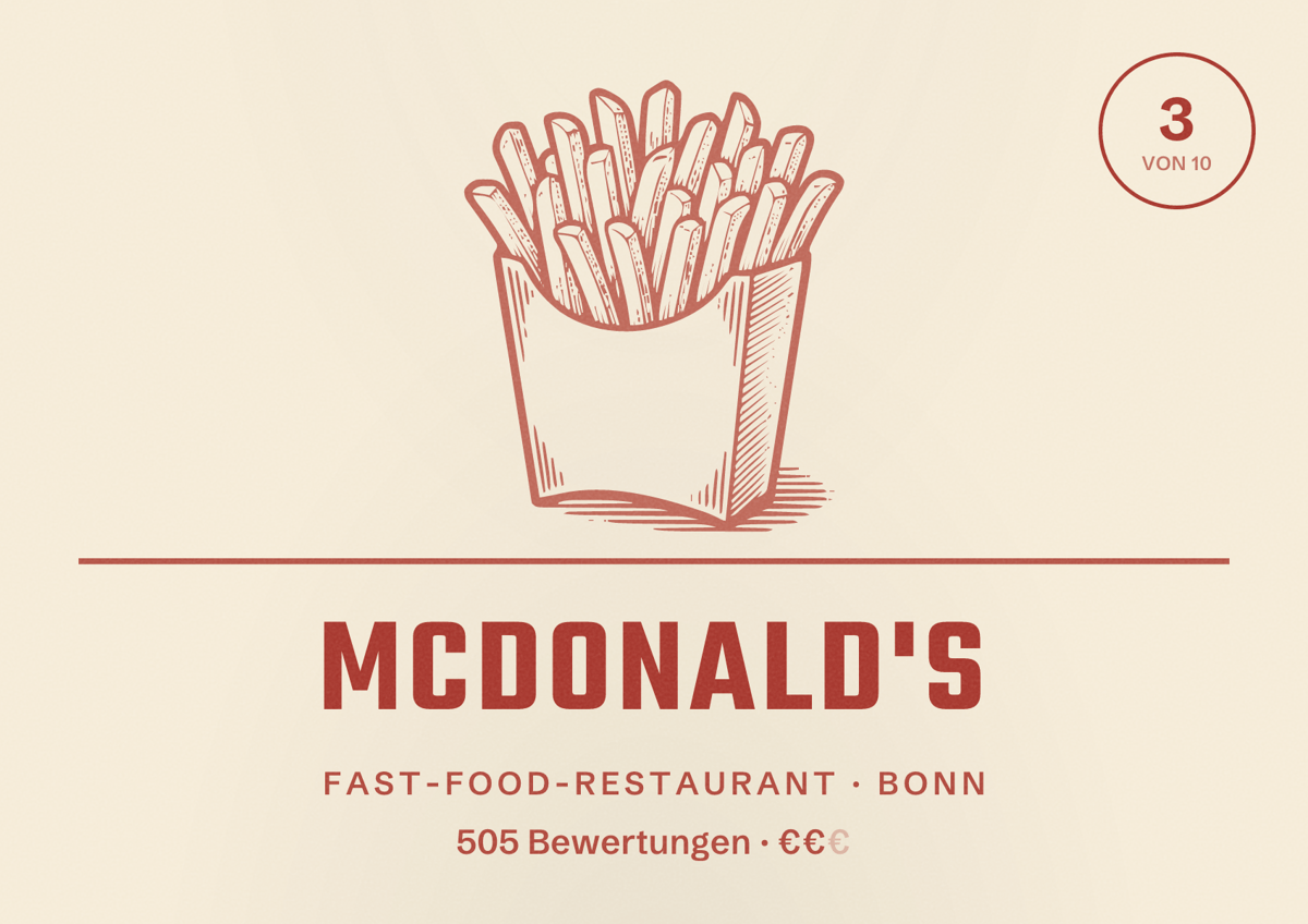 Illustriertes Poster von McDonald's, Fast-Food-Restaurant in Bonn: Bewertung 3 von 10 aus 505 Bewertungen, Preisniveau €€