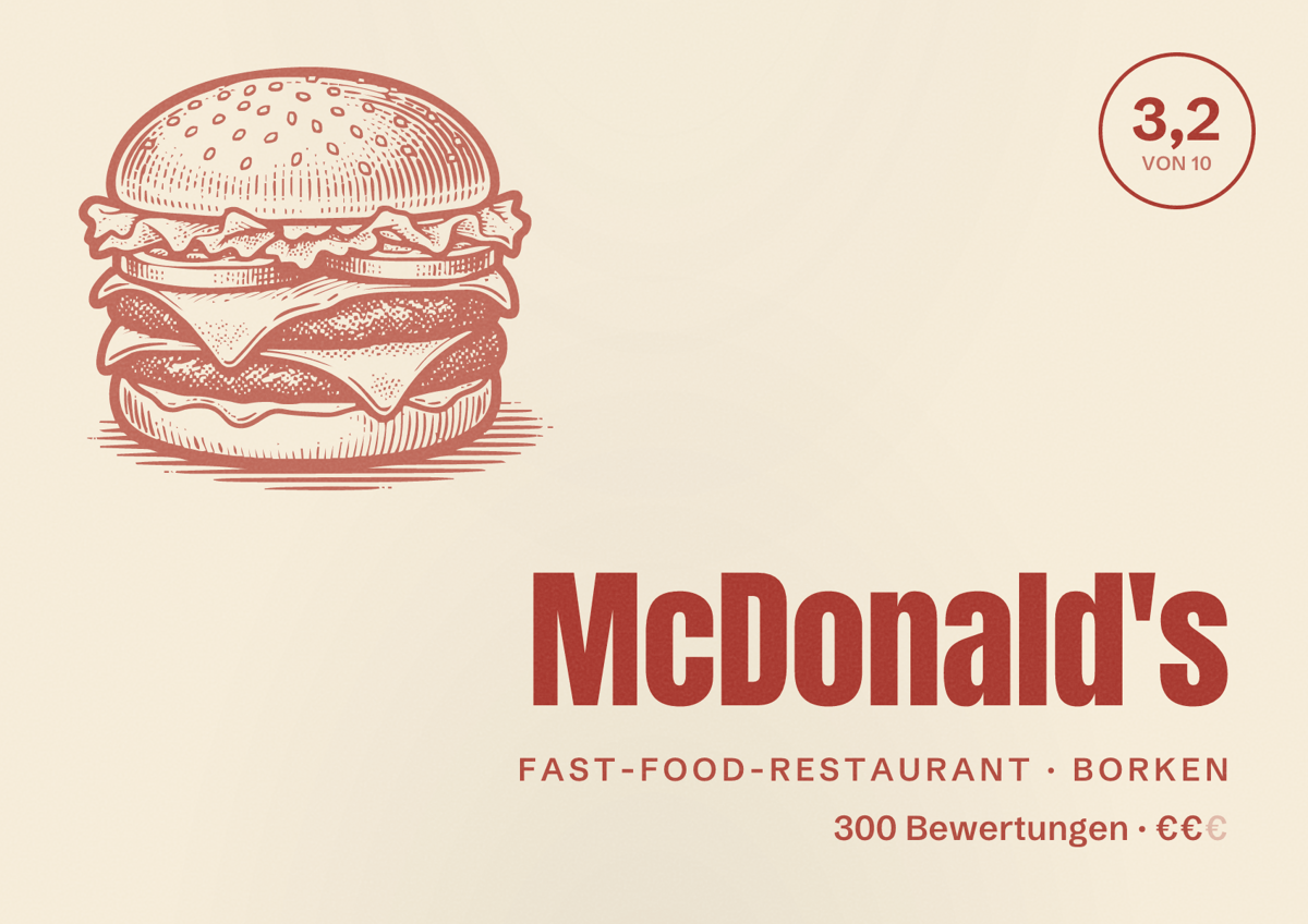Illustriertes Poster von McDonald's, Fast-Food-Restaurant in Borken: Bewertung 3,2 von 10 aus 300 Bewertungen, Preisniveau €€