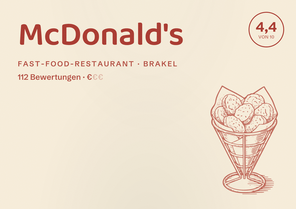 Illustriertes Poster von McDonald's, Fast-Food-Restaurant in Brakel: Bewertung 4,4 von 10 aus 112 Bewertungen, Preisniveau €