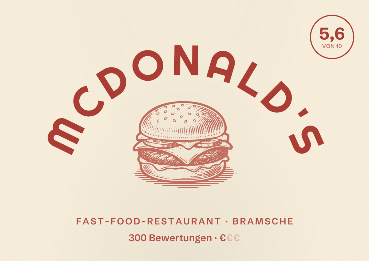Illustriertes Poster von McDonald's, Fast-Food-Restaurant in Bramsche: Bewertung 5,6 von 10 aus 300 Bewertungen, Preisniveau €