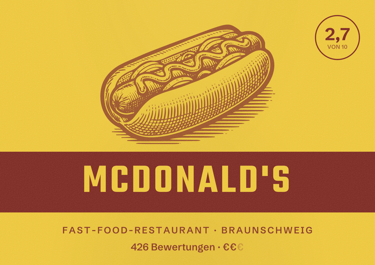 Illustriertes Poster von McDonald's, Fast-Food-Restaurant in Braunschweig: Bewertung 2,7 von 10 aus 426 Bewertungen, Preisniveau €€