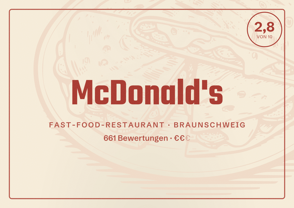 Illustriertes Poster von McDonald's, Fast-Food-Restaurant in Braunschweig: Bewertung 2,8 von 10 aus 661 Bewertungen, Preisniveau €€