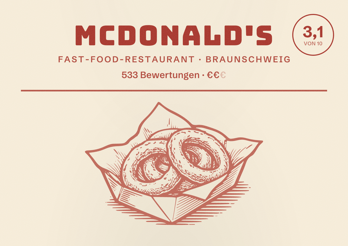 Illustriertes Poster von McDonald's, Fast-Food-Restaurant in Braunschweig: Bewertung 3,1 von 10 aus 533 Bewertungen, Preisniveau €€