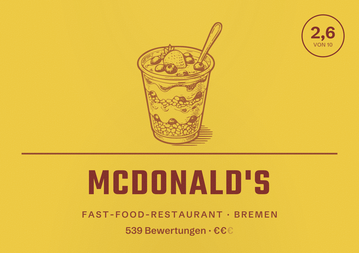 Illustriertes Poster von McDonald's, Fast-Food-Restaurant in Bremen: Bewertung 2,6 von 10 aus 539 Bewertungen, Preisniveau €€