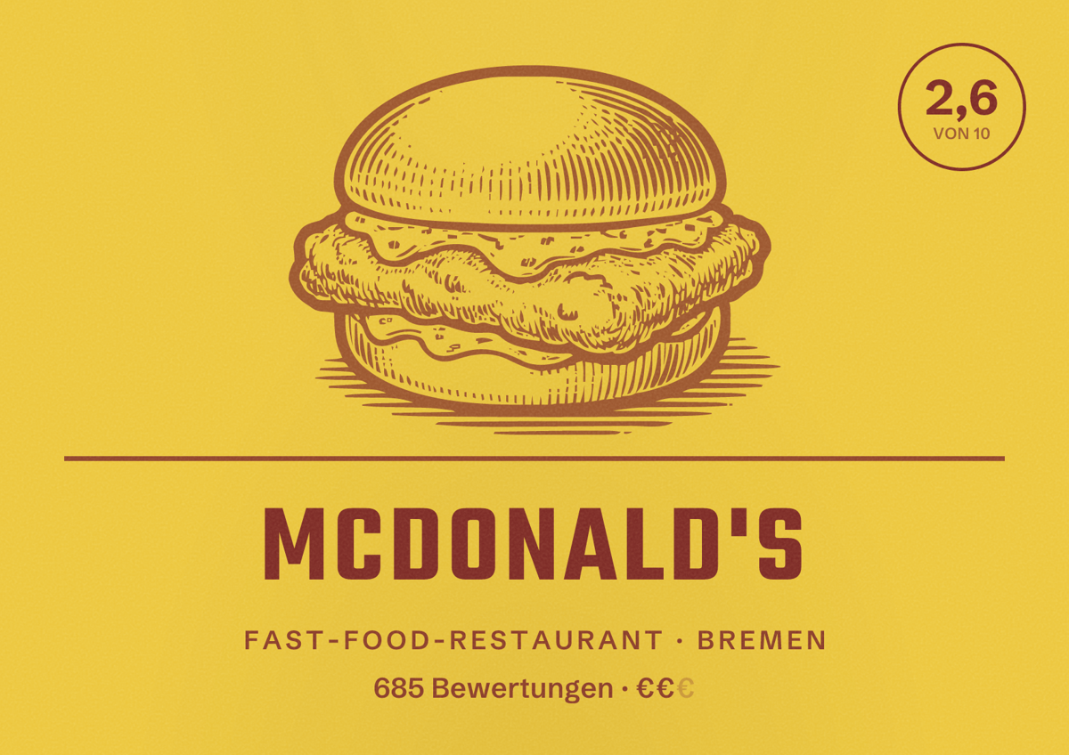 Illustriertes Poster von McDonald's, Fast-Food-Restaurant in Bremen: Bewertung 2,6 von 10 aus 685 Bewertungen, Preisniveau €€