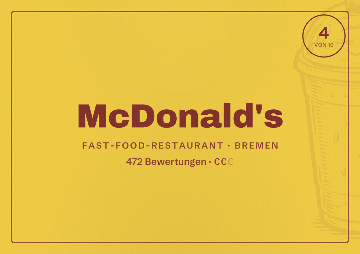 Illustriertes Poster von McDonald's, Fast-Food-Restaurant in Bremen: Bewertung 4 von 10 aus 472 Bewertungen, Preisniveau €€