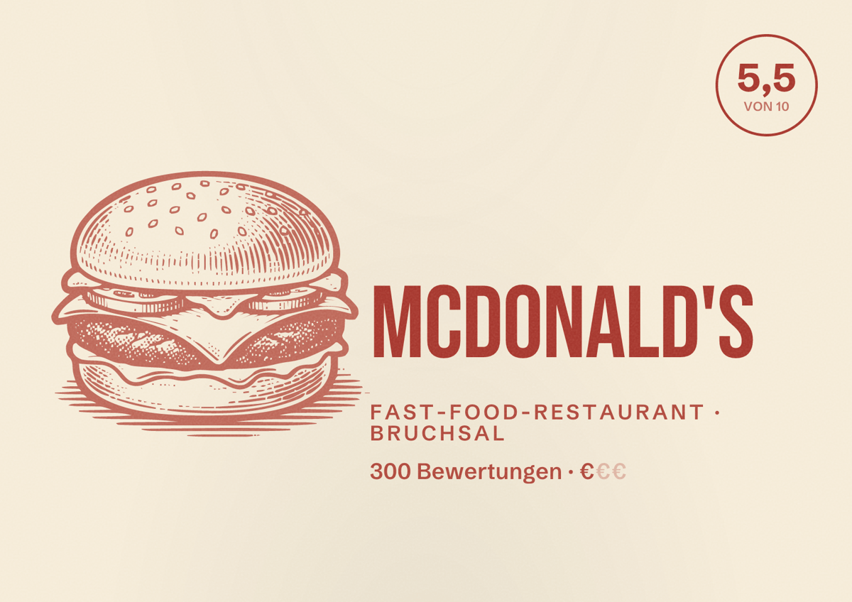 Illustriertes Poster von McDonald's, Fast-Food-Restaurant in Bruchsal: Bewertung 5,5 von 10 aus 300 Bewertungen, Preisniveau €