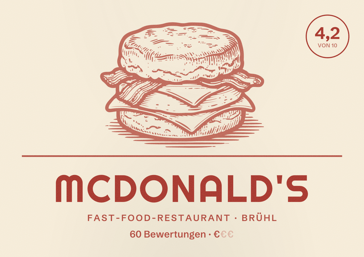 Illustriertes Poster von McDonald's, Fast-Food-Restaurant in Brühl: Bewertung 4,2 von 10 aus 60 Bewertungen, Preisniveau €