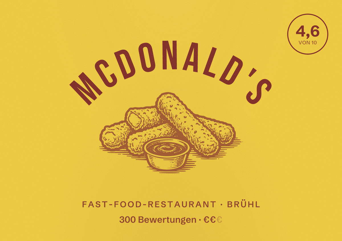 Illustriertes Poster von McDonald's, Fast-Food-Restaurant in Brühl: Bewertung 4,6 von 10 aus 300 Bewertungen, Preisniveau €€