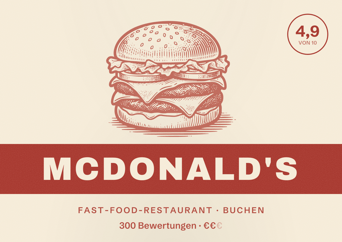 Illustriertes Poster von McDonald's, Fast-Food-Restaurant in Buchen: Bewertung 4,9 von 10 aus 300 Bewertungen, Preisniveau €€