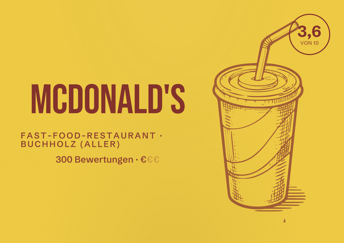 Illustriertes Poster von McDonald's, Fast-Food-Restaurant in Buchholz (Aller): Bewertung 3,6 von 10 aus 300 Bewertungen, Preisniveau €