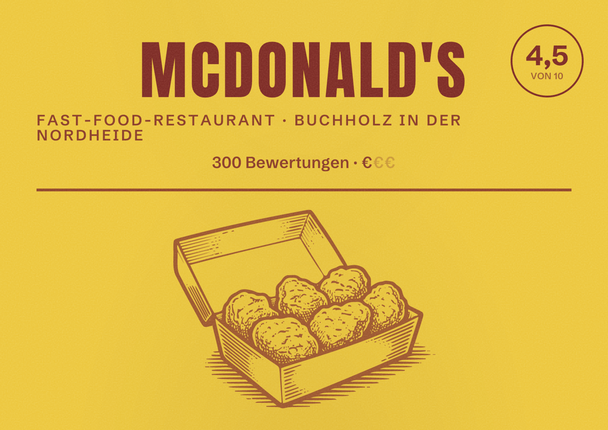 Illustriertes Poster von McDonald's, Fast-Food-Restaurant in Buchholz in der Nordheide: Bewertung 4,5 von 10 aus 300 Bewertungen, Preisniveau €