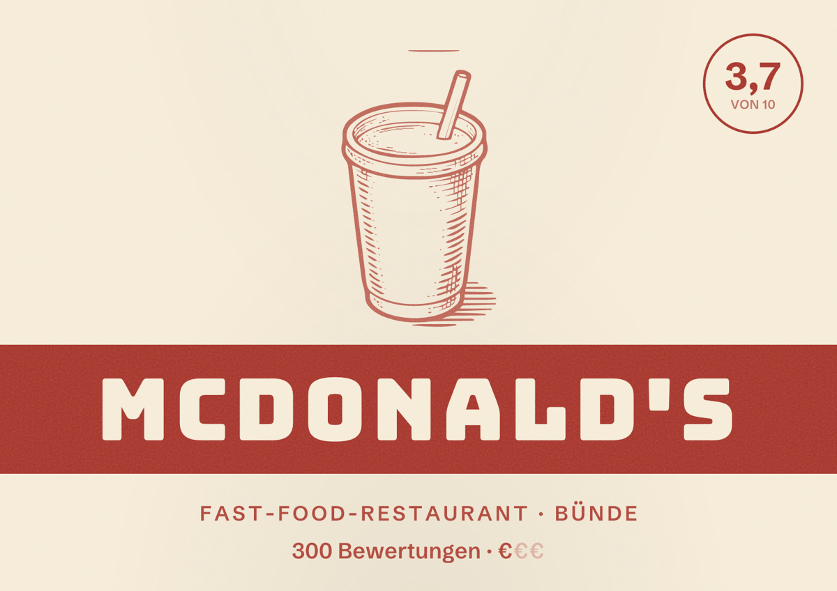 Illustriertes Poster von McDonald's, Fast-Food-Restaurant in Bünde: Bewertung 3,7 von 10 aus 300 Bewertungen, Preisniveau €