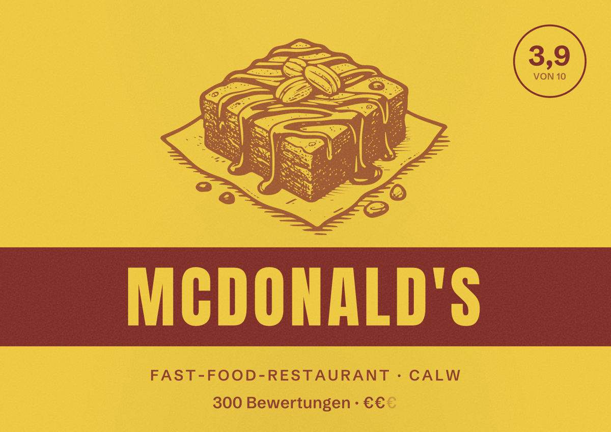 Illustriertes Poster von McDonald's, Fast-Food-Restaurant in Calw: Bewertung 3,9 von 10 aus 300 Bewertungen, Preisniveau €€