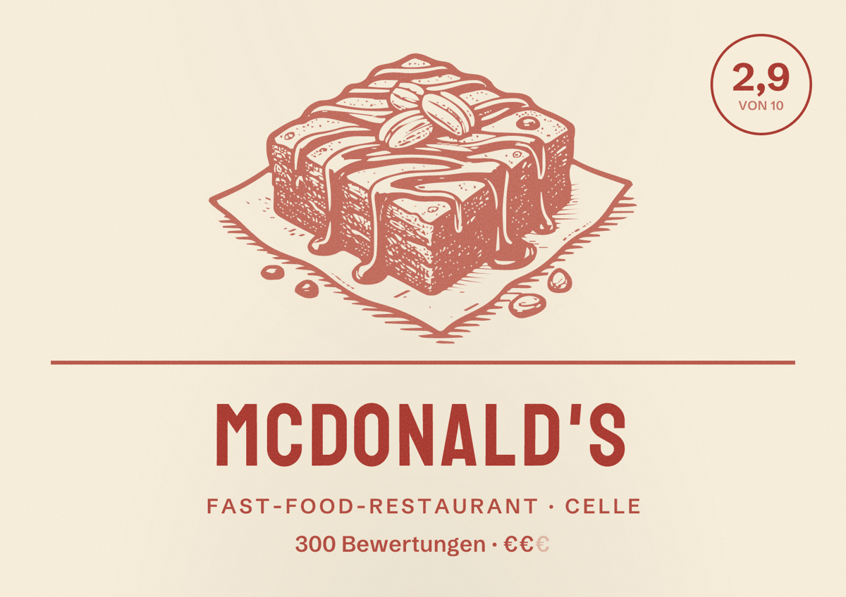 Illustriertes Poster von McDonald's, Fast-Food-Restaurant in Celle: Bewertung 2,9 von 10 aus 300 Bewertungen, Preisniveau €€