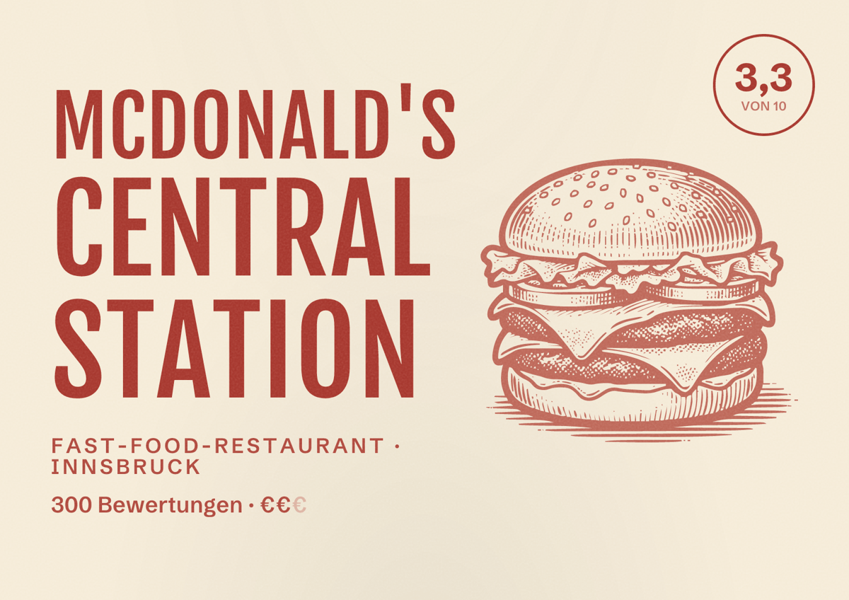 Illustriertes Poster von McDonald's Central Station, Fast-Food-Restaurant in Innsbruck: Bewertung 3,3 von 10 aus 300 Bewertungen, Preisniveau €€