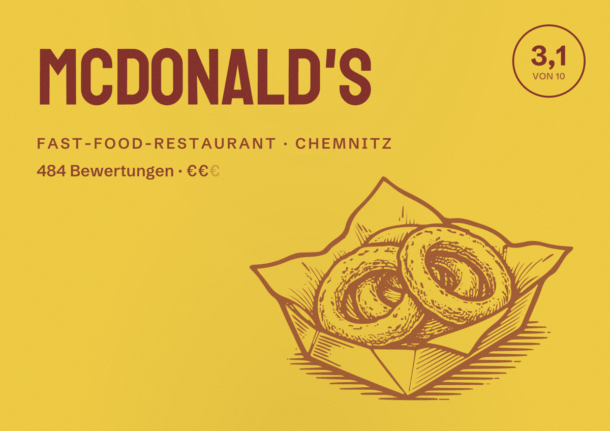 Illustriertes Poster von McDonald's, Fast-Food-Restaurant in Chemnitz: Bewertung 3,1 von 10 aus 484 Bewertungen, Preisniveau €€