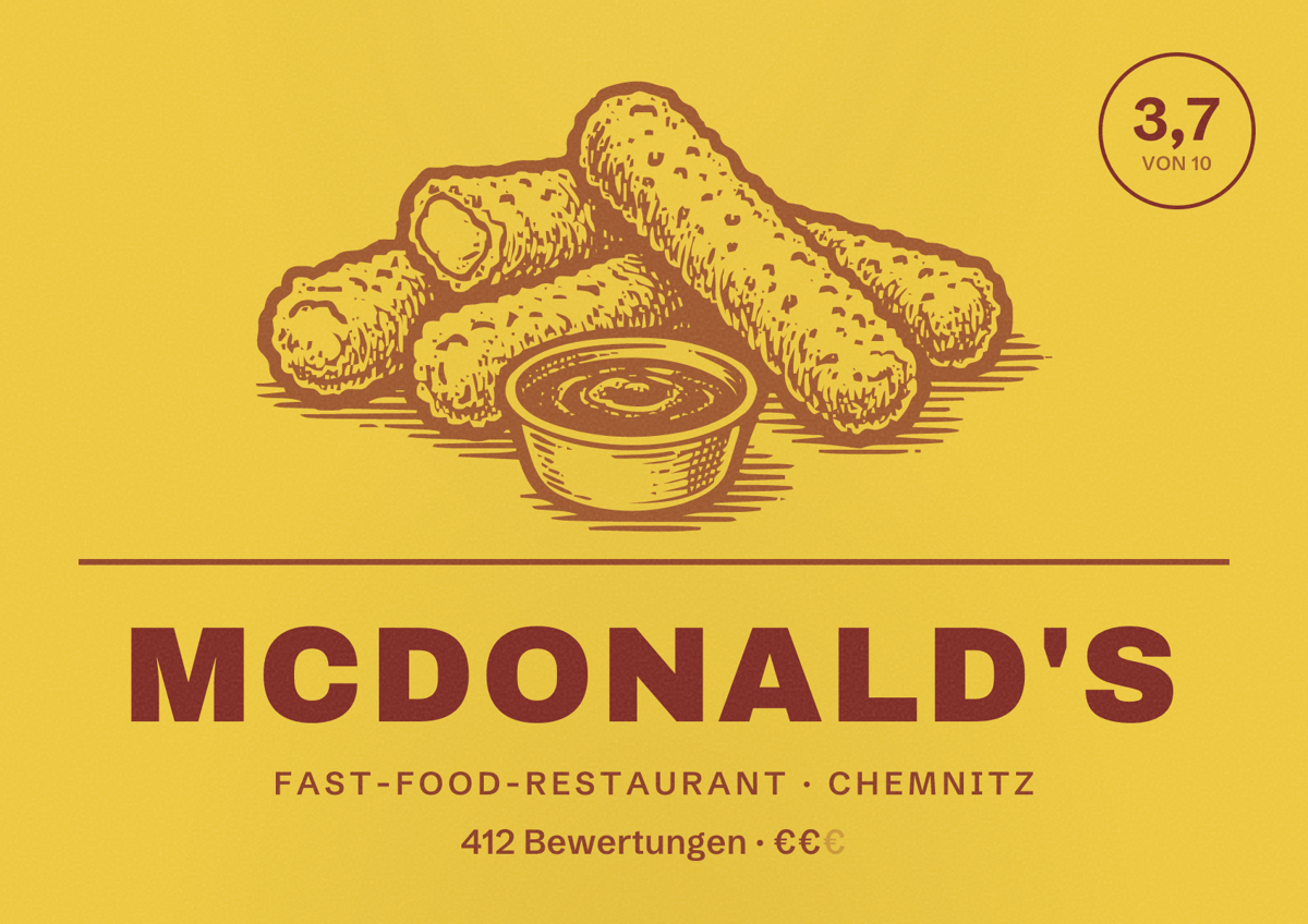 Illustriertes Poster von McDonald's, Fast-Food-Restaurant in Chemnitz: Bewertung 3,7 von 10 aus 412 Bewertungen, Preisniveau €€