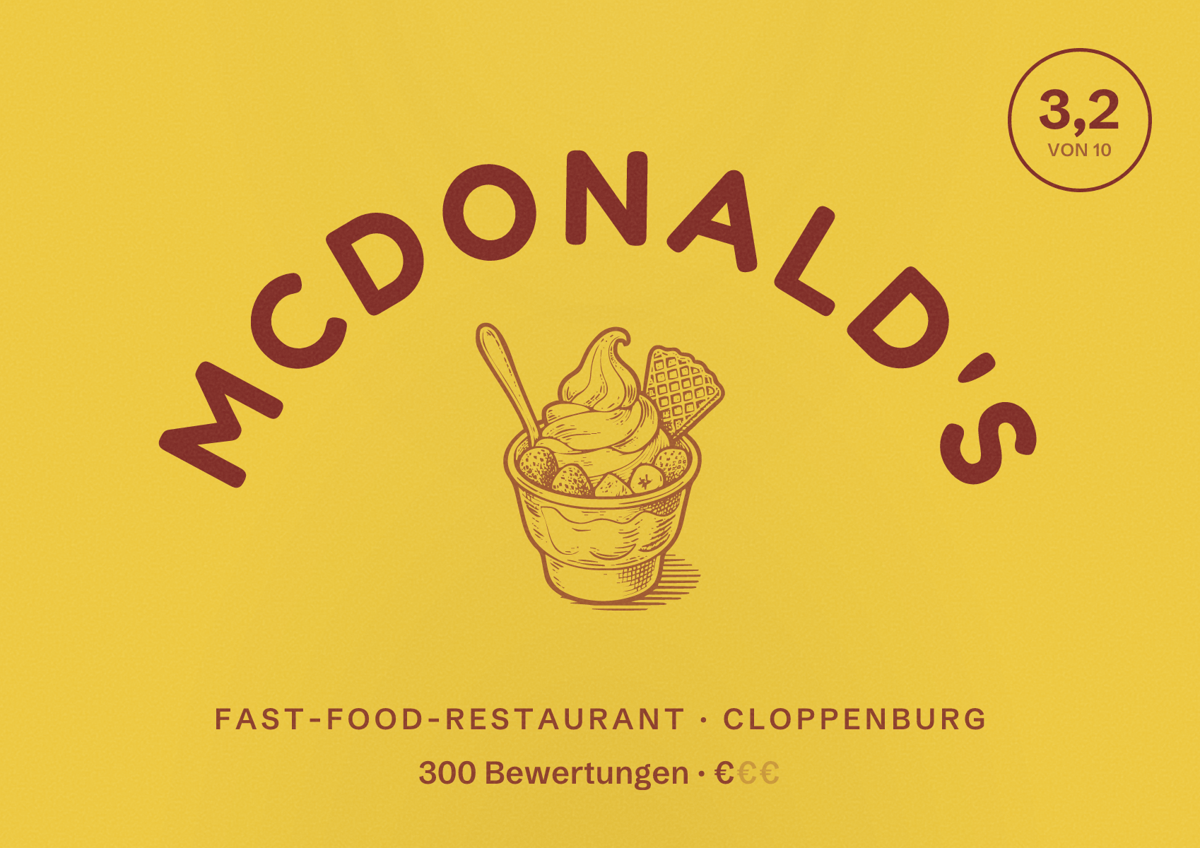 Illustriertes Poster von McDonald's, Fast-Food-Restaurant in Cloppenburg: Bewertung 3,2 von 10 aus 300 Bewertungen, Preisniveau €