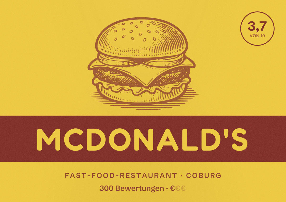 Illustriertes Poster von McDonald's, Fast-Food-Restaurant in Coburg: Bewertung 3,7 von 10 aus 300 Bewertungen, Preisniveau €
