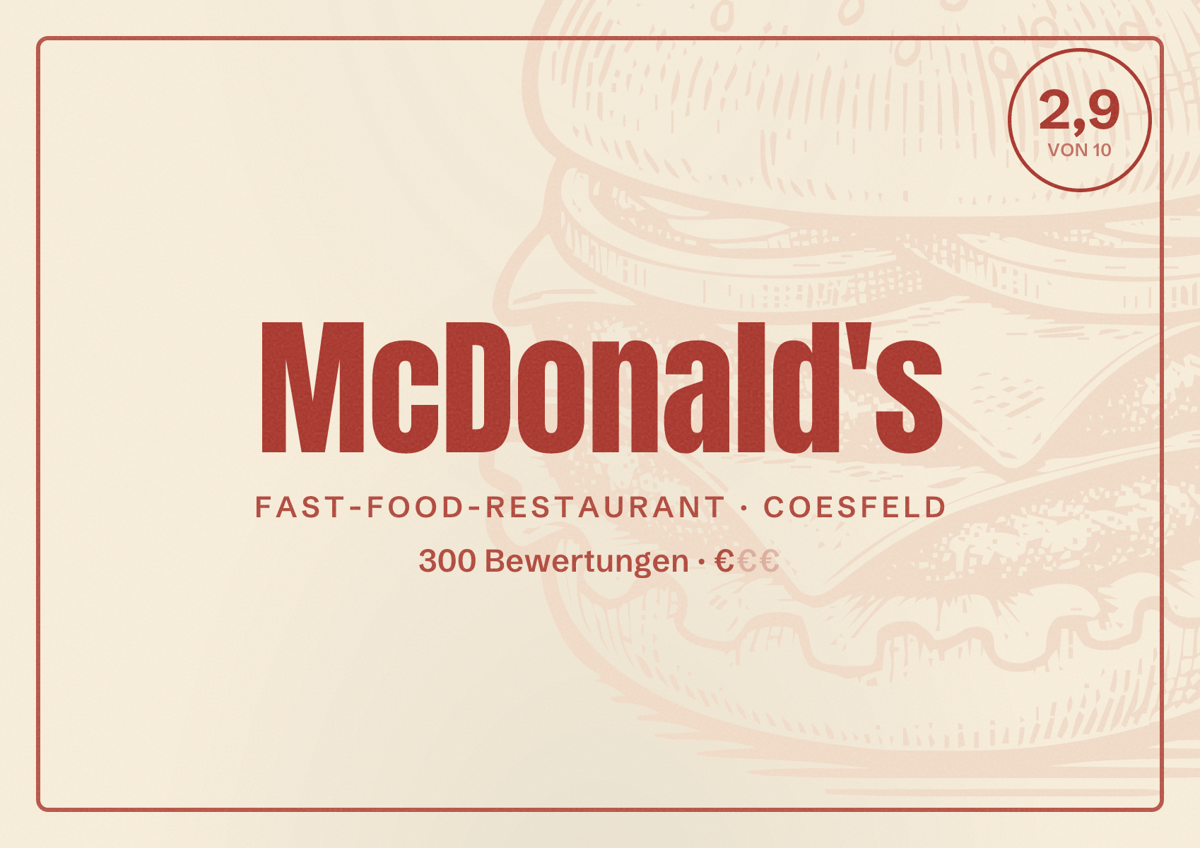 Illustriertes Poster von McDonald's, Fast-Food-Restaurant in Coesfeld: Bewertung 2,9 von 10 aus 300 Bewertungen, Preisniveau €