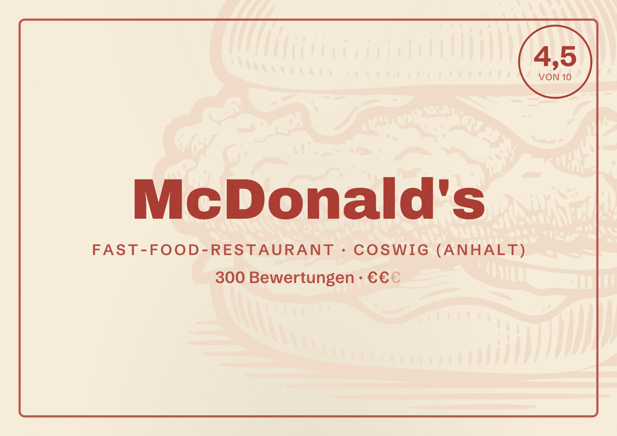 Illustriertes Poster von McDonald's, Fast-Food-Restaurant in Coswig (Anhalt): Bewertung 4,5 von 10 aus 300 Bewertungen, Preisniveau €€
