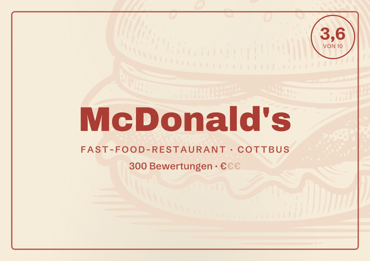 Illustriertes Poster von McDonald's, Fast-Food-Restaurant in Cottbus: Bewertung 3,6 von 10 aus 300 Bewertungen, Preisniveau €