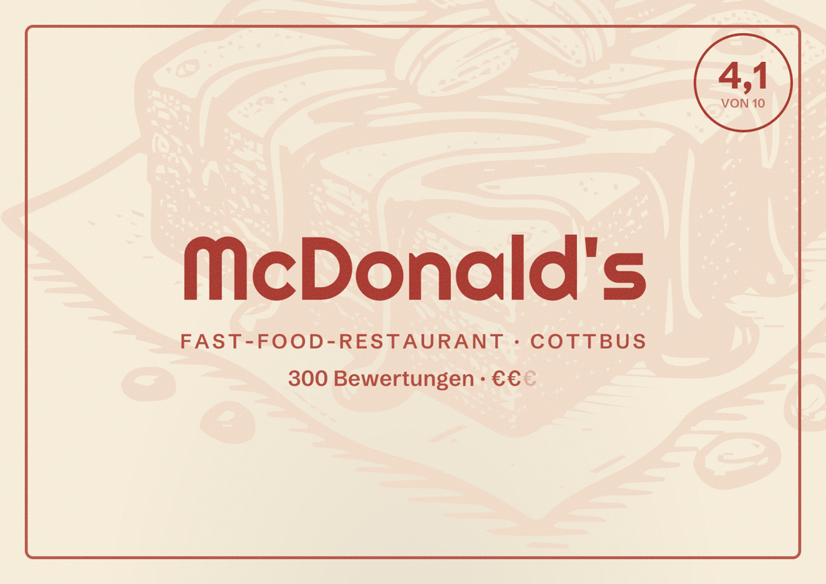 Illustriertes Poster von McDonald's, Fast-Food-Restaurant in Cottbus: Bewertung 4,1 von 10 aus 300 Bewertungen, Preisniveau €€