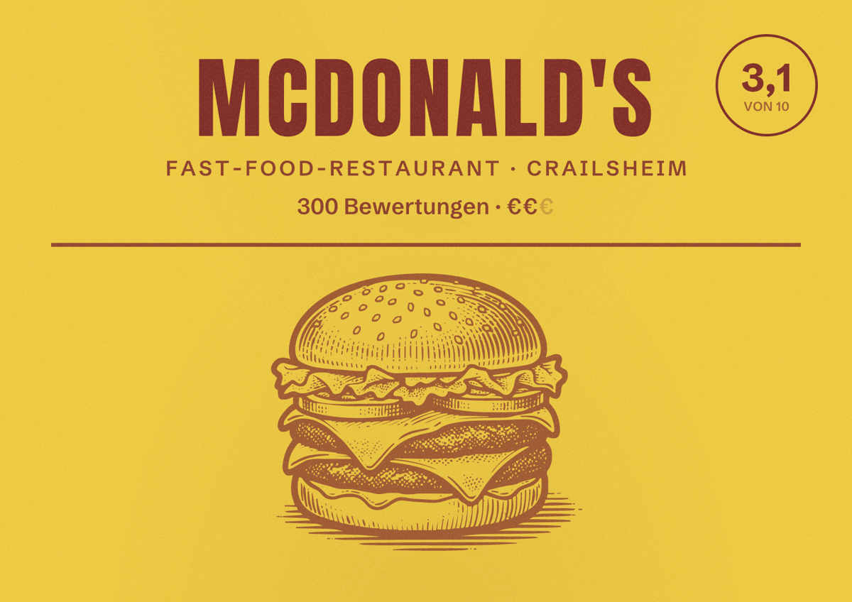 Illustriertes Poster von McDonald's, Fast-Food-Restaurant in Crailsheim: Bewertung 3,1 von 10 aus 300 Bewertungen, Preisniveau €€
