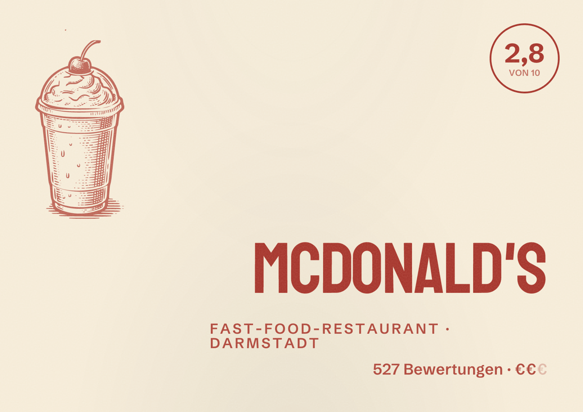 Illustriertes Poster von McDonald's, Fast-Food-Restaurant in Darmstadt: Bewertung 2,8 von 10 aus 527 Bewertungen, Preisniveau €€