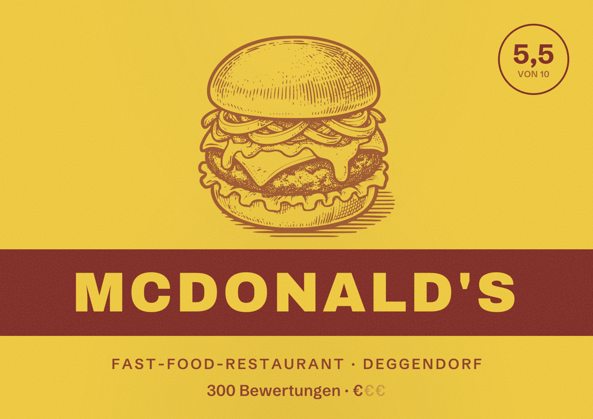 Illustriertes Poster von McDonald's, Fast-Food-Restaurant in Deggendorf: Bewertung 5,5 von 10 aus 300 Bewertungen, Preisniveau €